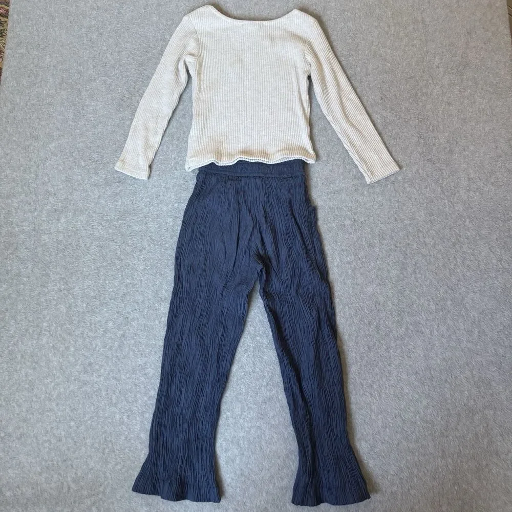 Zara Girls Flare Pants Size 6 Blue Crinkle Pullover Beige Long Sleeve Top Bundle